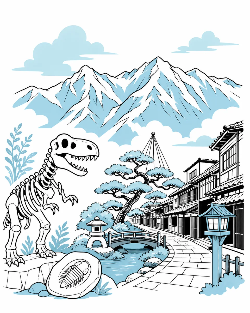 恐竜、金沢の街並み、立山連峰で福井・石川・富山を表現したイラスト